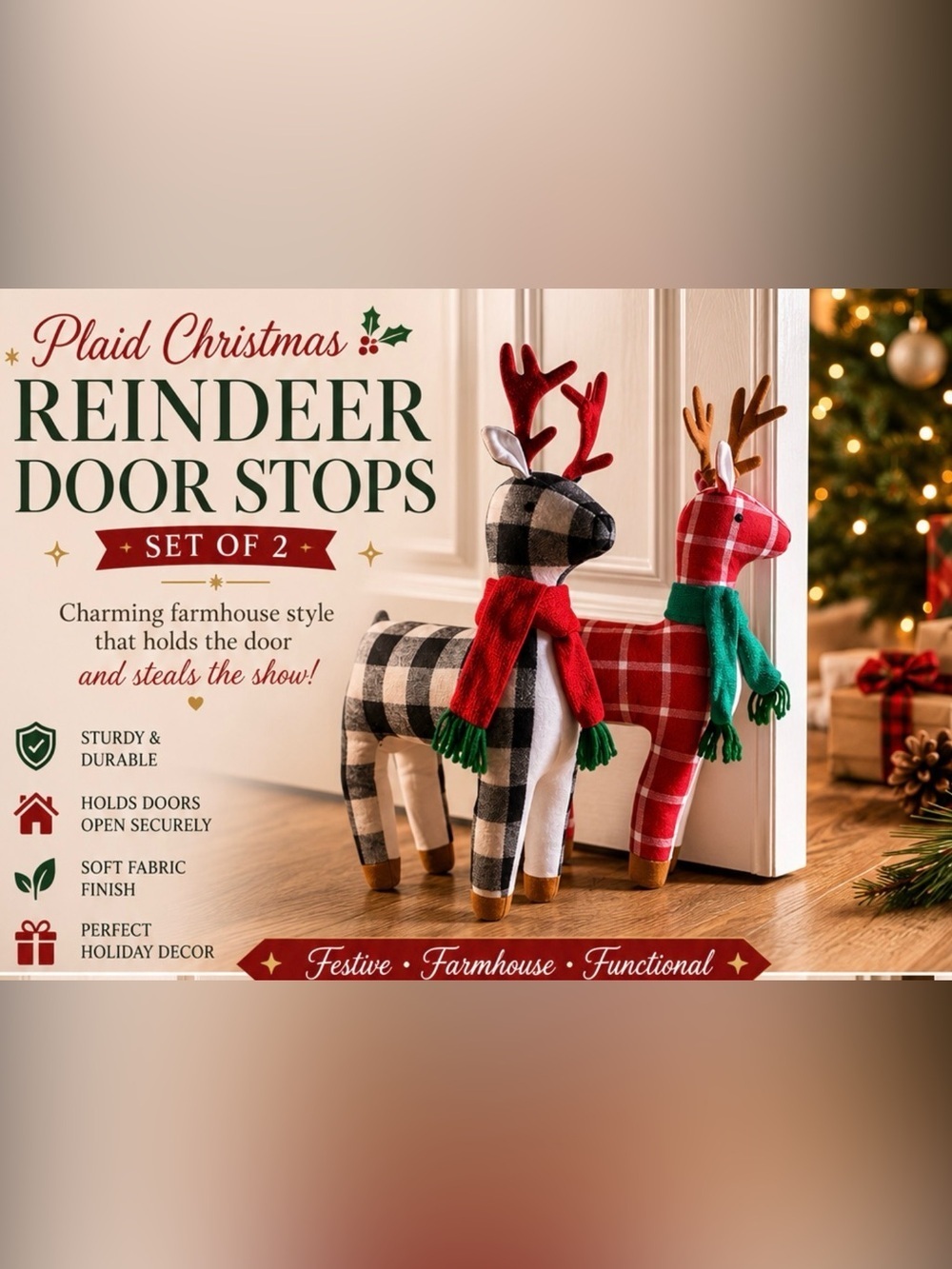 Plaid Christmas Reindeer Door Stops Set Buffalo Check Holiday Decor